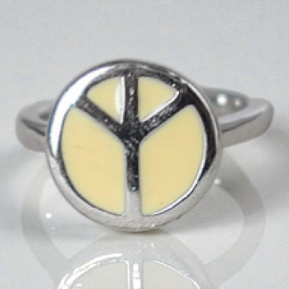 Sterling Silver 925 Beige Enamel Peace Sign Ring Bohemian Stackable Size 5